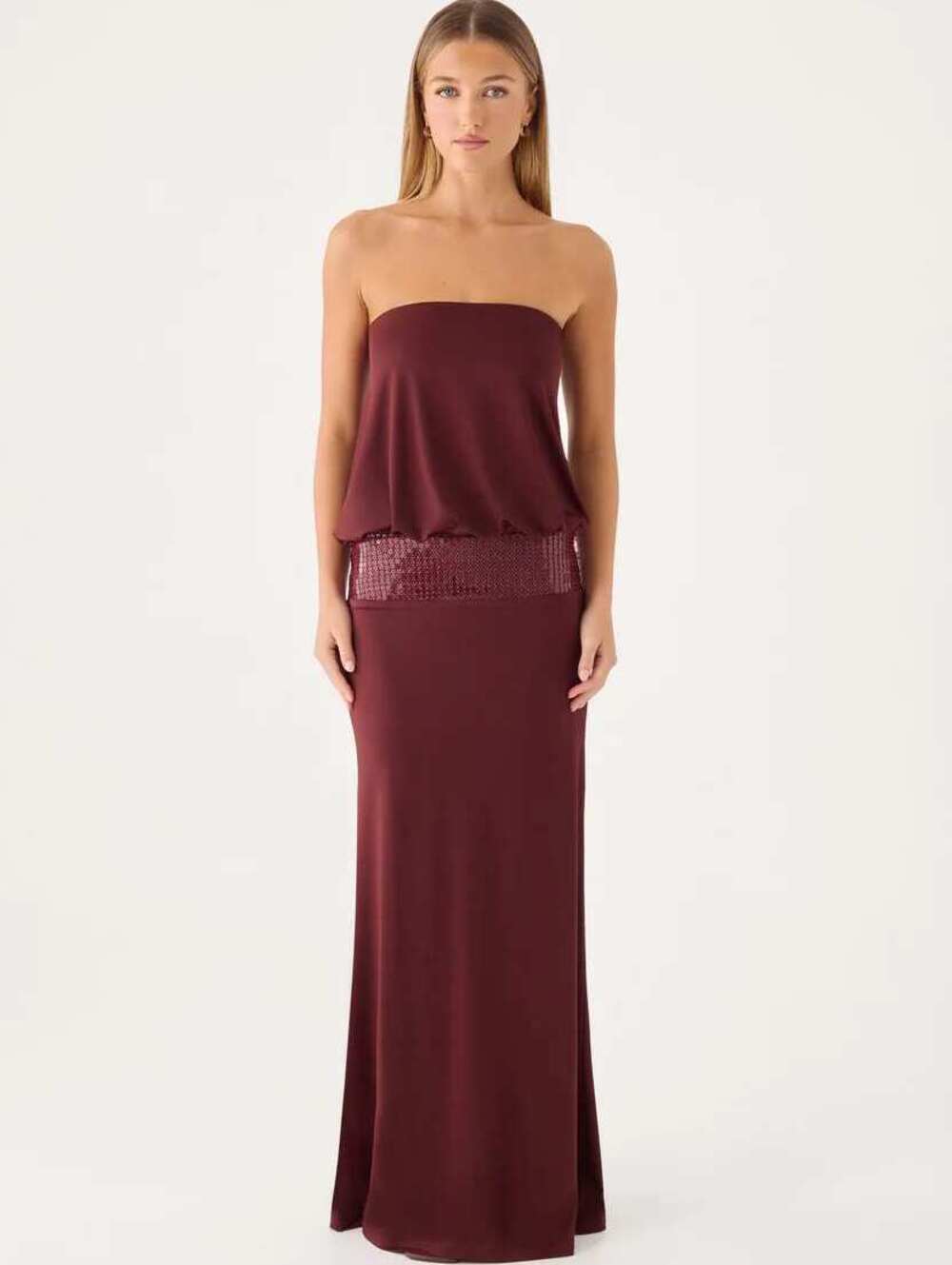 Peppermayo Posine Strapless Maxi Dress Maroon Sequin Waist Size 4 NWT
